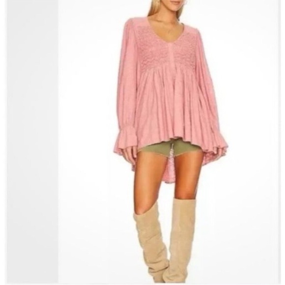 Free People Pink Asymmetrical Bell long Sleeve Tunic Baggy Perfect for Fall Top - Picture 1 of 16